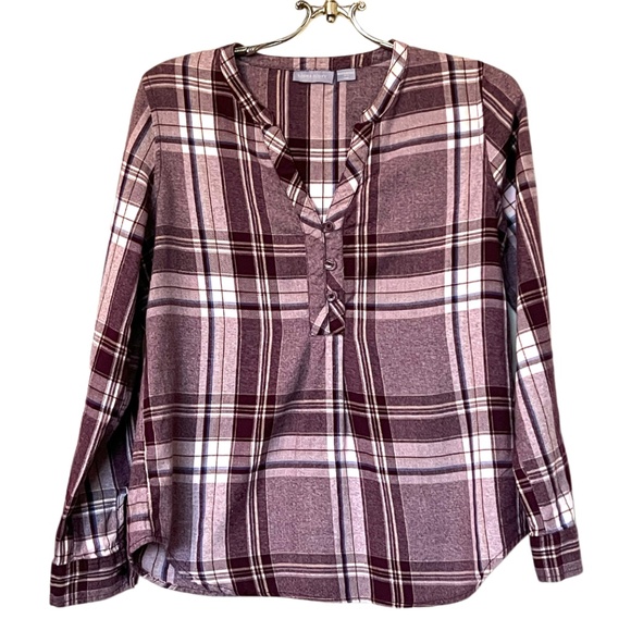 Laura Scott Purple Plaid Henley Pullover Blouse Long Sleeve Roll Up Tabs  Size S - Picture 1 of 9